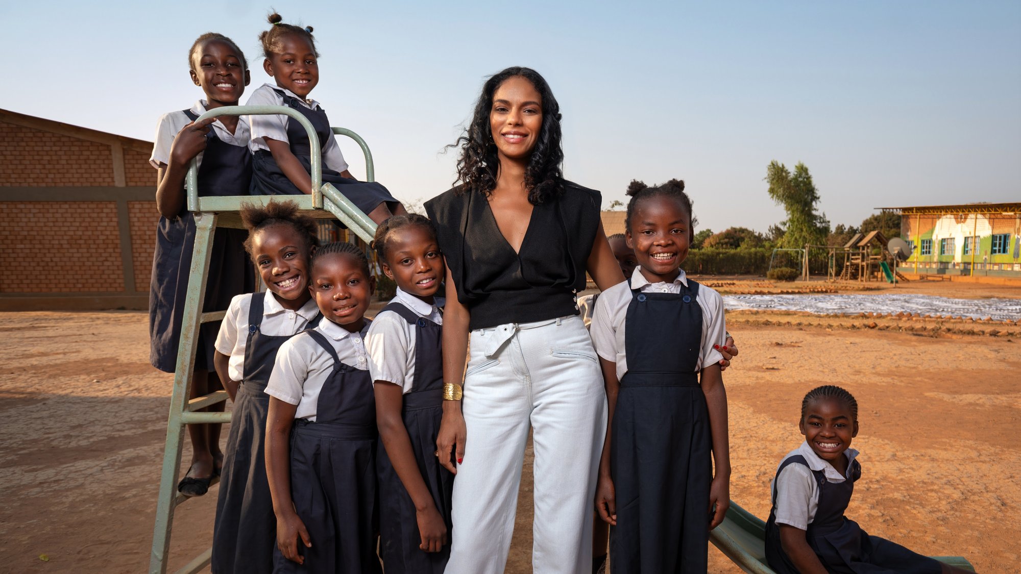 Noella Coursaris Musunka — Malaika Foundation, with schoolgirls in Kalebuka, Lubumbashi